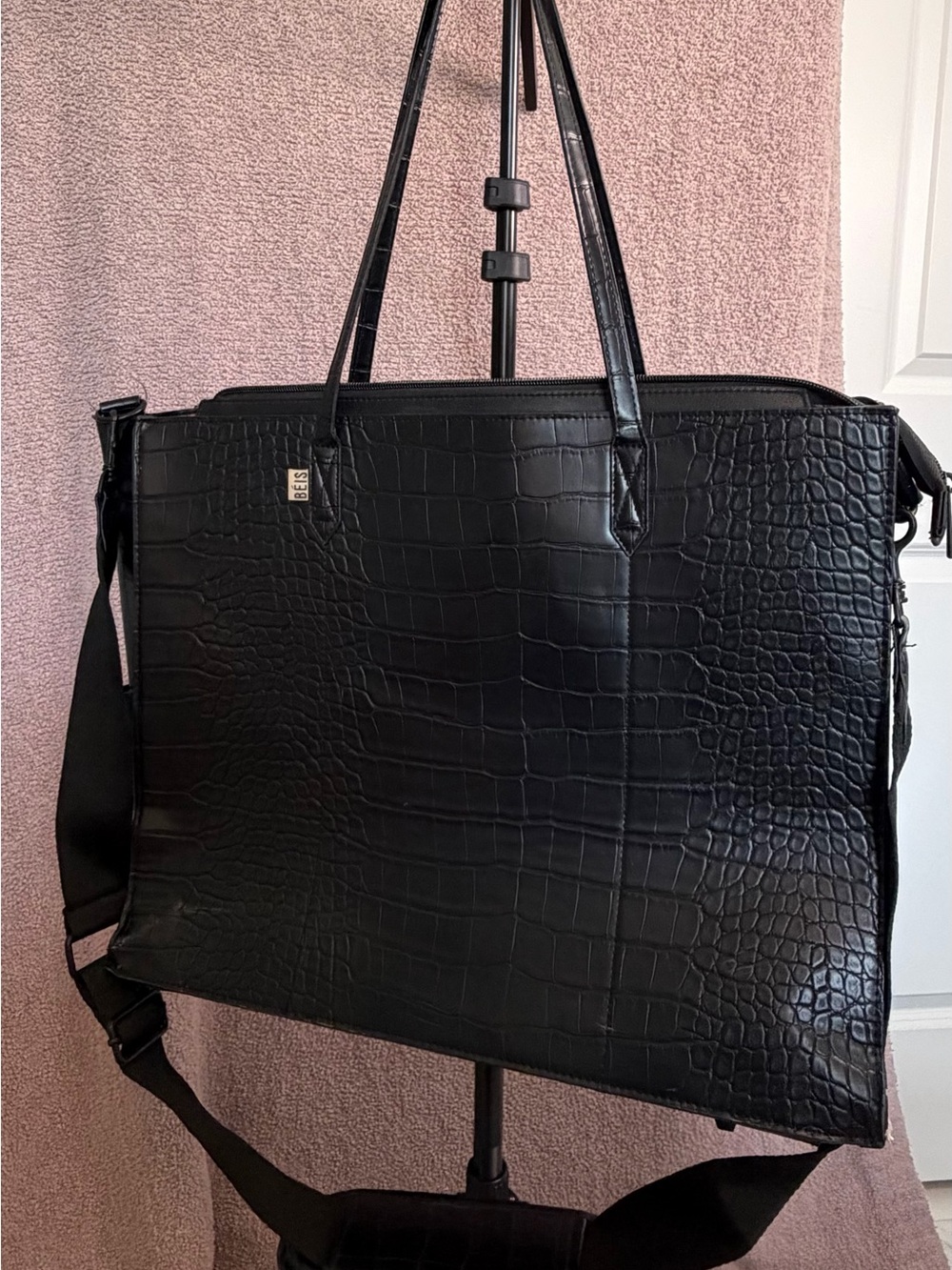 BÉIS Black Croc Embossed Large Work Tote Laptop Travel Bag Crossbody